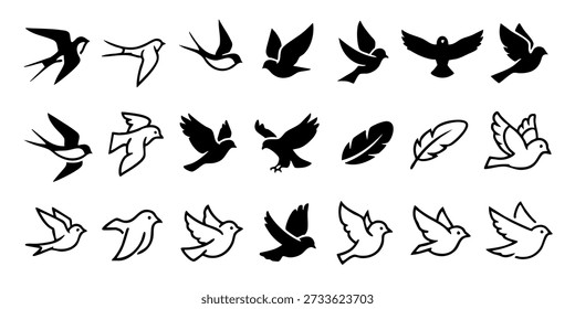 Colección de varias siluetas de aves en diferentes poses y patrones de vuelo