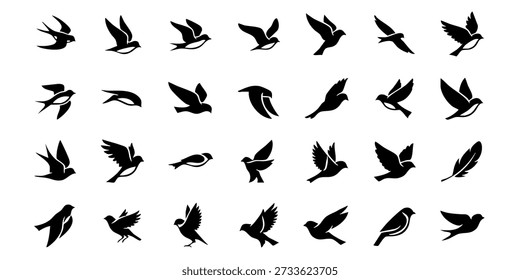Colección de varias siluetas de aves en diferentes poses y patrones de vuelo