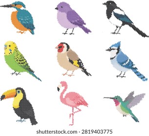 A collection of various bird species illustrated in a cross-stitch embroidery style on a white background.
