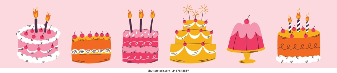 Collection of various Birthday cakes vector illustrations, Different types of desserts and sweets food elements set, bakery, confectionery, cafe, shop design concept, cheesecake, jelly, wedding cake