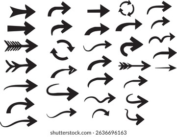 A collection of various black arrow designs pointing in different directions on a white background