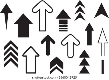 A collection of various black arrow designs pointing upwards, presented on a clean white background.