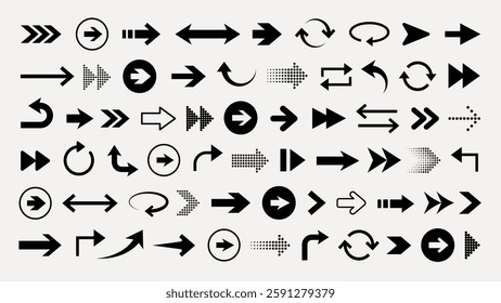 Collection of various black arrow icons in different styles and directions, including curved, straight, and dotted arrows on a light background. Element vector set.