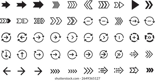 A collection of various black arrow icons in different styles and directions on a white background. Includes solid, outlined, circular, curved, dotted, and directional arrows.