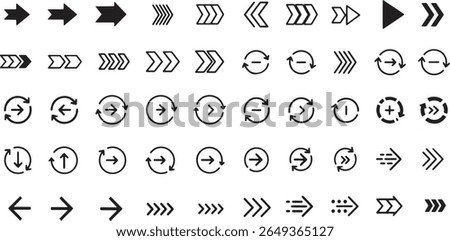 A collection of various black arrow icons in different styles and directions on a white background. Includes solid, outlined, circular, curved, dotted, and directional arrows.