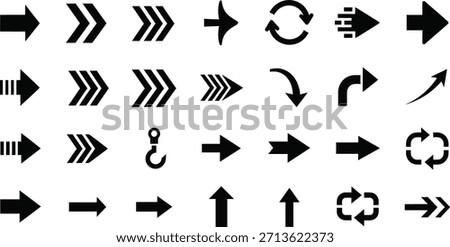 Collection of various black arrow icons and symbols, including directional, curved, and circular shapes, on a white background.