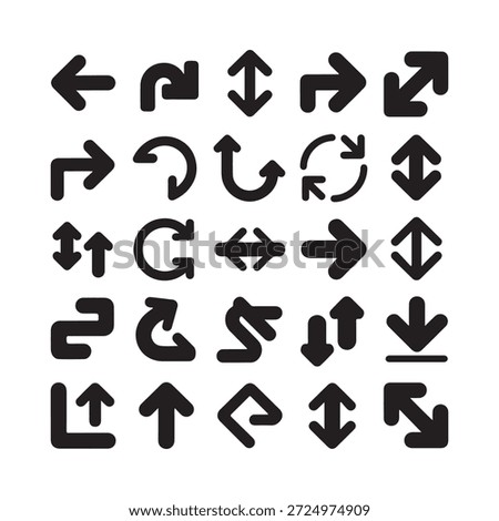 Collection of various black arrow icons and direction symbols displayed in a grid
