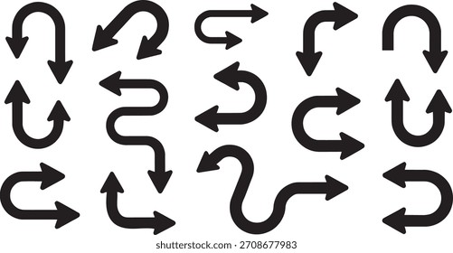 Coleção de várias formas de seta preta apontando em direções diferentes. Ilustração vetorial de indicadores de navegação e de direção.