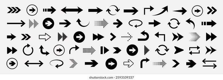 A collection of various black arrows in different styles and directions. Includes curved, straight, and dotted arrows pointing left, right, up, and down. Element vector set.