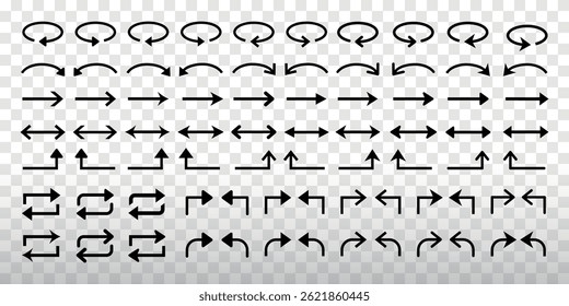 Collection of various black arrows. Includes curved arrows, straight arrows, and loop arrows in different directions. Element vector set.