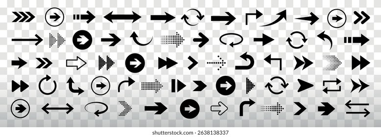 Collection of various black arrows. Includes straight, curved, and dotted arrows. Perfect for design projects and navigation icons. Element vector set.