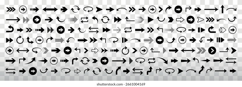 Colección de varias flechas negras. Incluye flechas rectas, curvas y circulares. Flechas apuntando en múltiples direcciones. Conjunto de Vectores de elemento.