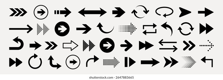 Una colección de varias flechas negras, incluyendo diseños curvos, rectos y punteados, mostrados en diferentes direcciones sobre un fondo claro. Conjunto de Vectores de elemento.