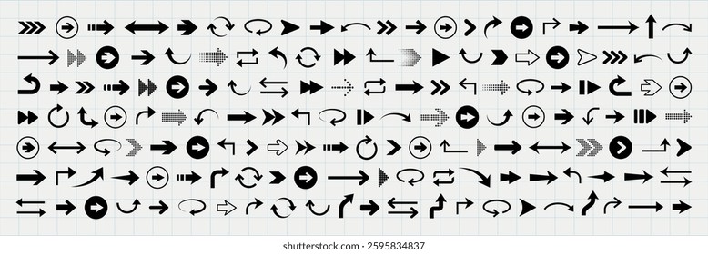 Collection of various black arrows on a grid background. Different arrow styles, directions, and shapes. Arrows pointing in multiple directions. Element vector set.