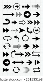 Collection of various black arrows on a grid background. Includes straight, curved, circular, and dotted arrows. Diverse arrow designs for direction and navigation. Element vector set.