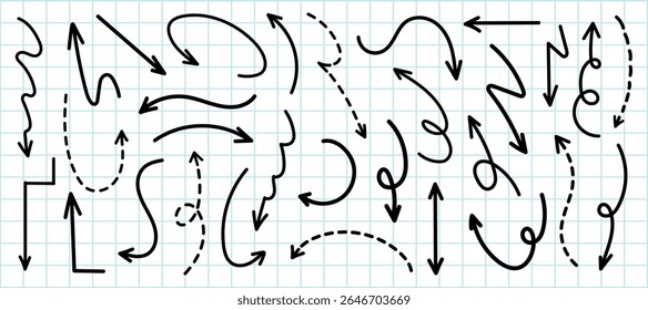 Uma coleção de várias setas pretas em um plano de fundo de grade. Setas curvas, retas e tracejadas apontando em direções diferentes. Setas para design e navegação. Conjunto de vetores de seta de rabiscar.