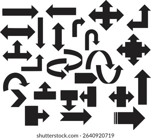 A collection of various black arrows pointing in different directions.  Includes straight, curved, and directional arrows, perfect for design projects needing navigation or flow indicators.