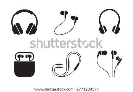 Collection of various black audio equipment icons featuring different types of wired and wireless modern stereo headphones.