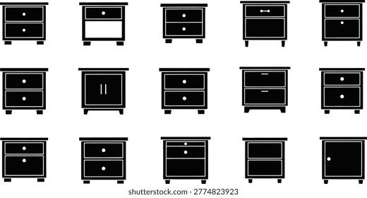 Collection of various black bedside tables with drawers, perfect for interior design and furniture concepts, eps.