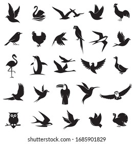 collection of various black bird icons isolated on white background 
