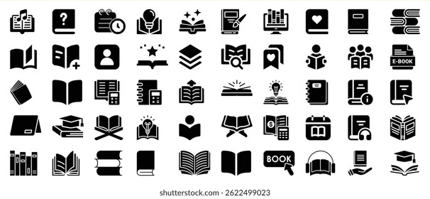 Collection of various black book icons representing reading, learning, and education
