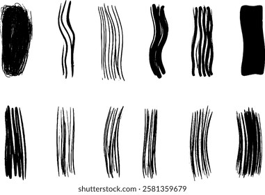 A collection of various black brush strokes on a white background, showcasing different styles and thicknesses. The strokes vary from bold and textured to thin and smooth, arranged in two rows.