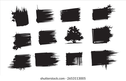 Uma coleção de vários traçados, formas e texturas de pincel preto em um plano de fundo branco.
