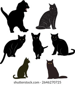 A collection of various black cat silhouettes captured in different poses, showcasing their elegant forms and often mysterious allure. Each cat features piercing eyes in shades of gold, green, or ambe