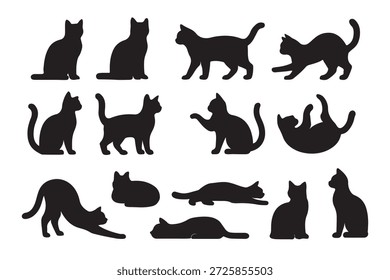 Una colección de varias siluetas de gatos negros en diferentes poses lúdicas y de descanso