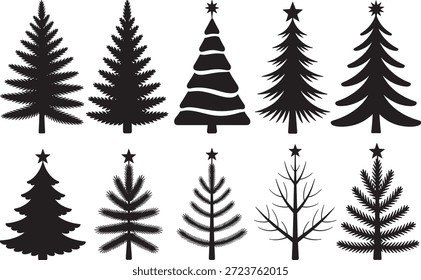 Colección de varias siluetas negras del árbol de navidad en diferentes estilos y diseños sobre fondo blanco para la decoración de vacaciones y celebración festiva.
