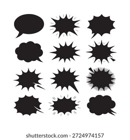 Collection of various black comic speech bubbles and explosion effects
