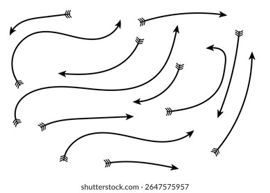 A collection of various black curved arrows with fletching on a white background. The arrows are depicted in different shapes and sizes, pointing in various directions, suggesting movement and flow.