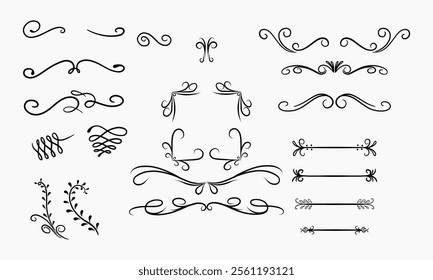 A collection of various black decorative swirls, flourishes, and floral elements suitable for design projects.