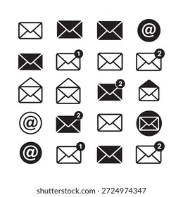 Collection of various black envelope and at symbol communication icons displayed