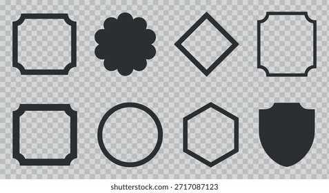 Una colección de varias Formas de marco negro presentadas sobre un fondo transparente que incluye diseños florales geométricos y de escudo para proyectos creativos