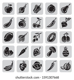 collection of various black fruits and vegetables icons isolated on gray background