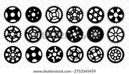 A collection of various black gear icons on a transparent background, ideal for use in design projects, showcasing different mechanical symbols and illustrations of cogs and wheels.