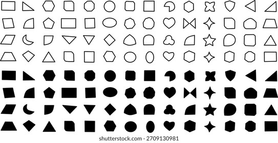 Collection of various black geometric shapes in outlined and solid styles. Perfect for design elements, icons, UI graphics, and creative visual projects.

