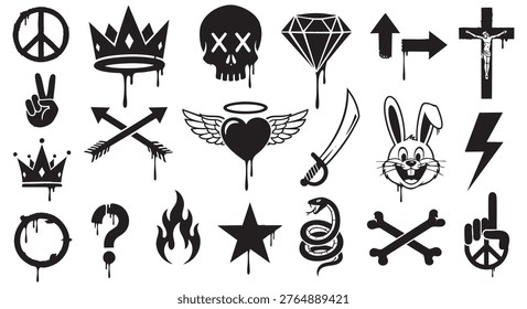 Collection of various black graffiti style icons and symbols including crowns, skulls, hearts, arrows, animals, and abstract shapes isolated on white background.