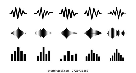 Collection of various black graphic representations of sound signals, including sine waves, amplitude modulation, and volume bars, perfect for audio technology concepts.