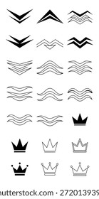 Collection of various black and gray crown and wavy line icons on white background