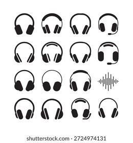 A collection of various black headphone designs and audio wave symbols