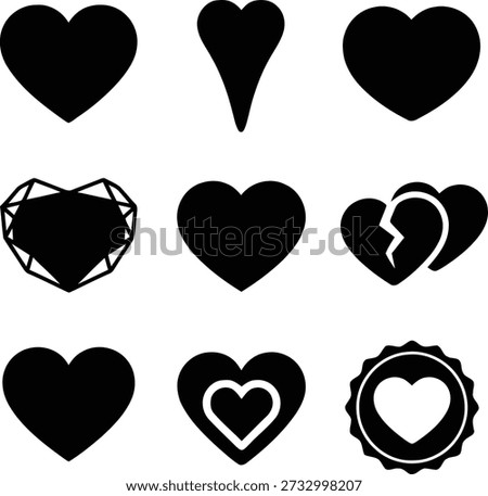 Collection of various black heart shapes and symbols isolated on a transparent background for design