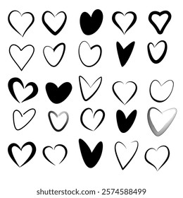 Collection of various black hearts illustrations. Hand-drawn hearts. Love. Logo. Vector icon set. Valentine's day. Love symbol. Illustrations design. Eps 10.