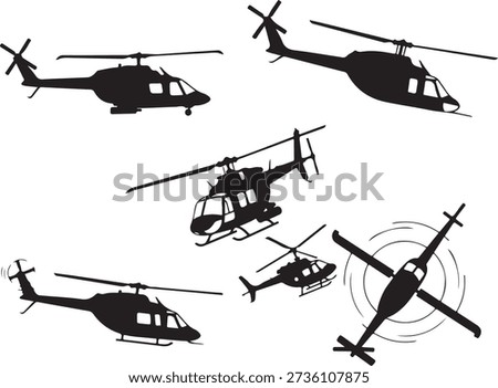 A collection of various black helicopter silhouettes, featuring different types of choppers and rotorcraft in flight, isolated on a clean white background