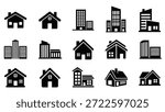 Collection of various black house and building icons on a white background