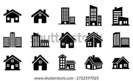 Collection of various black house and building icons on a white background