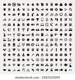 A collection of various black icons on a white background, featuring symbols like communication, technology, transportation, and more. Diverse icon set for multiple uses. User interface icon vectors.