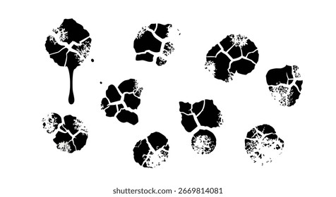 colección de varias manchas de tinta negra con texturas agrietadas y rotas, Formas abstractas, estilo grunge, Elementos de diseño artísticos