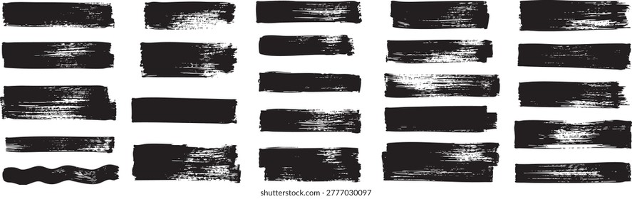 Collection of various black ink brush strokes, grunge textures, and paint marks isolated on a white background for design elements and artistic projects.